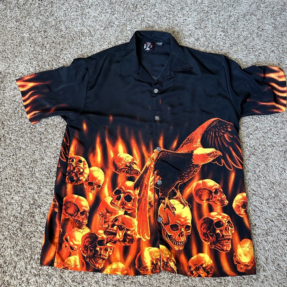 Flaming Eagle On A  Skull Graphic Button Up Shirt